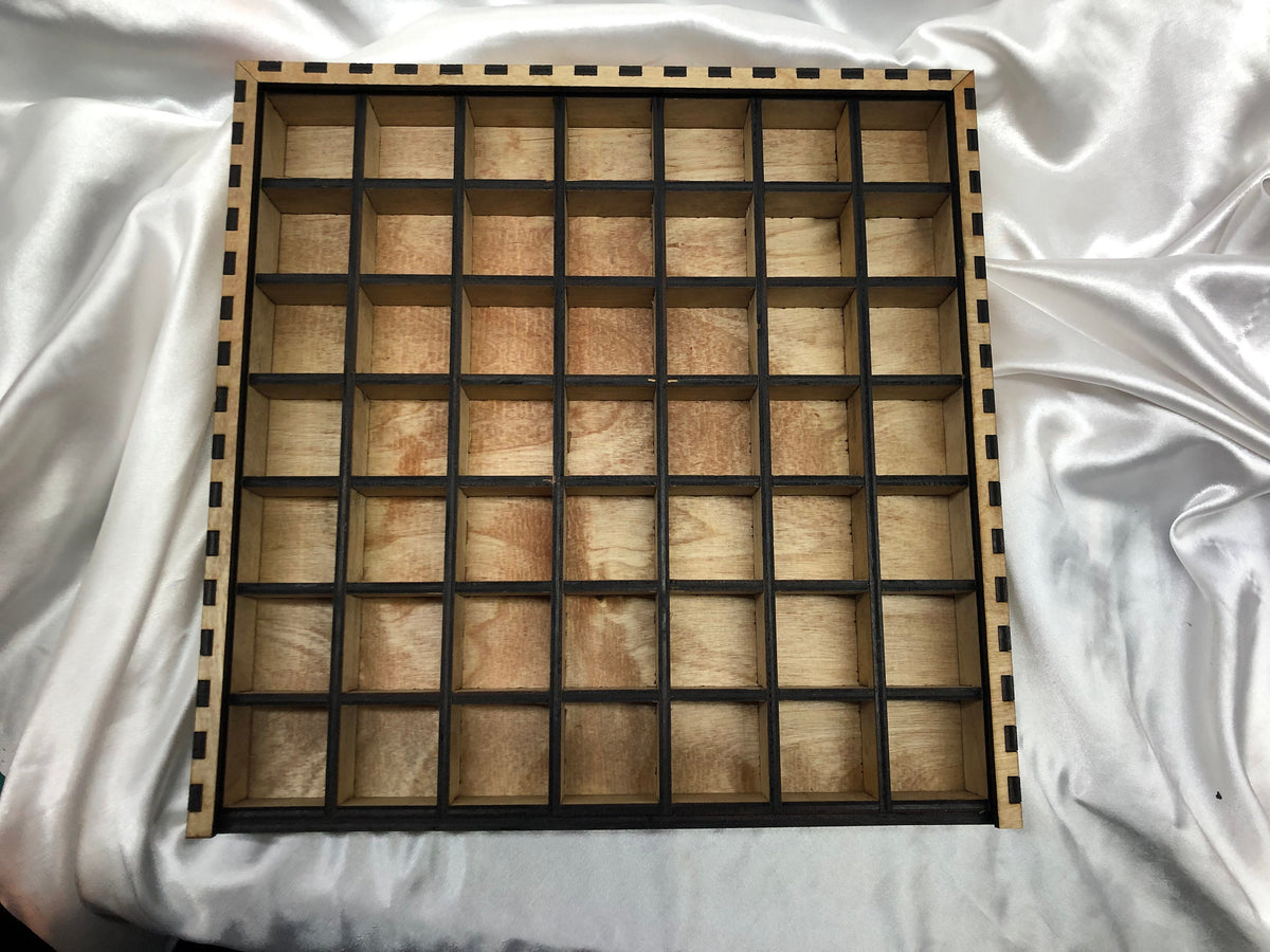 13x13 Typeset Drawer Organizer with Partitions, ideal for organizing typesets, craft supplies, and small parts. Made from durable, laser-cut wood with multiple compartments for efficient storage and easy access. Perfect for crafters and hobbyists.